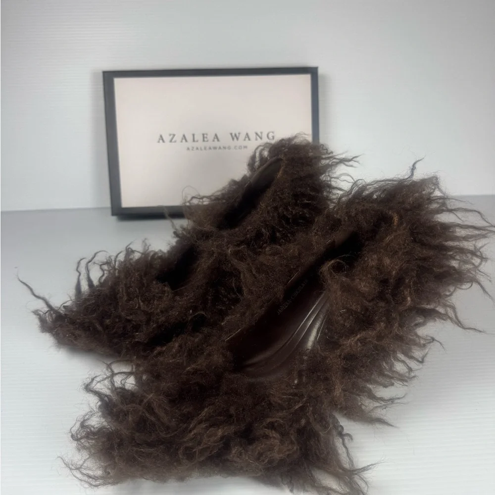 Azalea Wang Jameeka Choc. Furry Statement Heels Shag Mule Party Shoe Sz. Multi